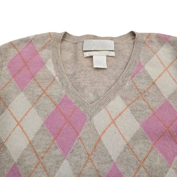 Geneva Sweater Women's Small Tan Knit 100% Cashmere V-Neck Argyle Pullover Gorpc - Picture 3 of 5